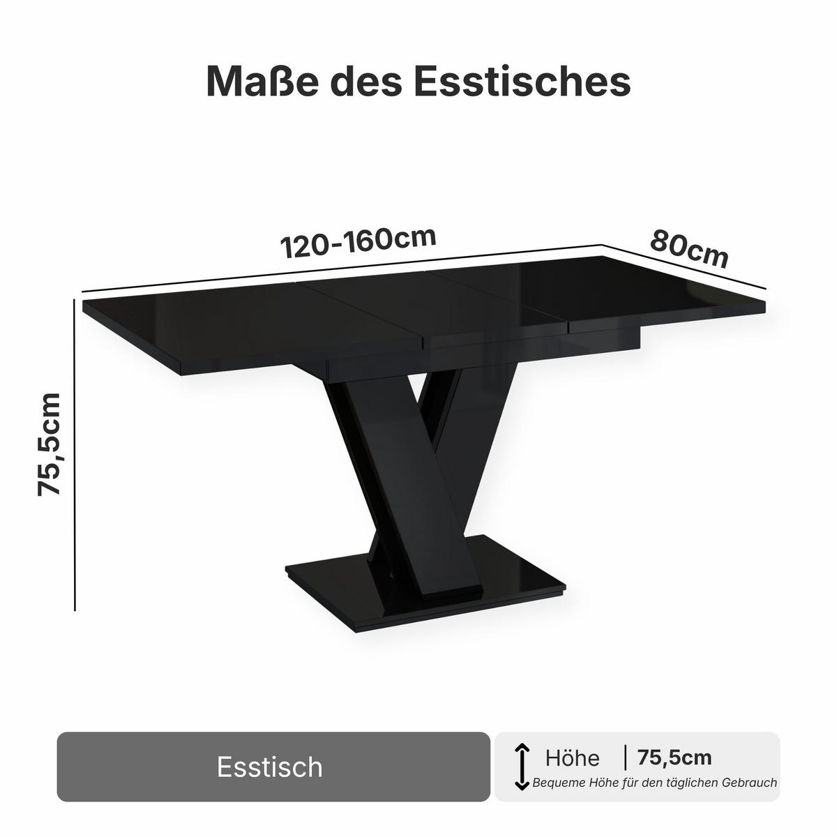 ESSTISCH Schwarz Hochglanz Ausziehbar 120 - 160 cm - Schwarz Hochglanz, Holzwerkstoff (120/80/75cm) - PROSPERO