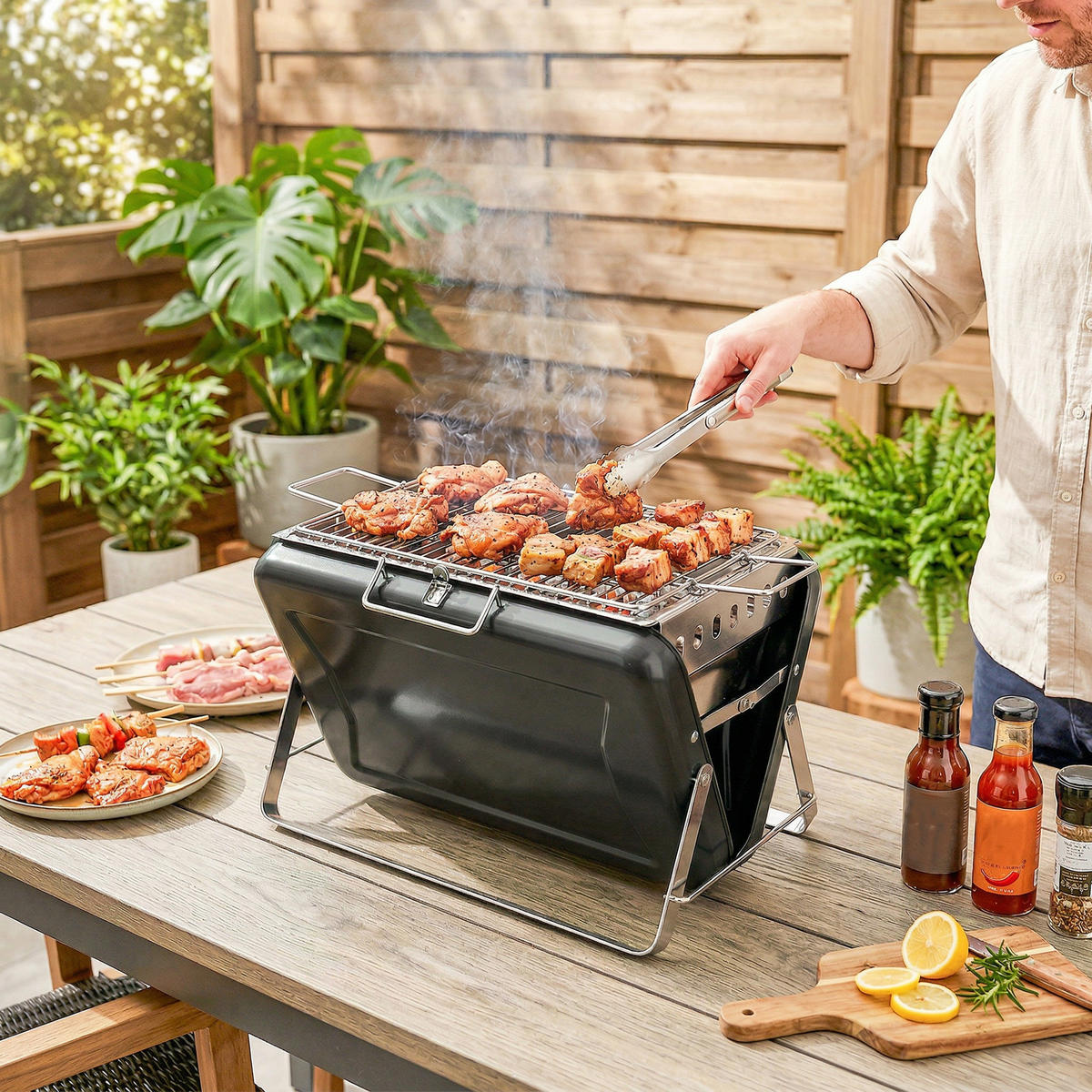 HOLZKOHLEGRILL DE-10250 Aktenkoffer-Design, klappbare Beine Schwarz - Schwarz, Metall (28/25.5/40cm) - ComfortXL