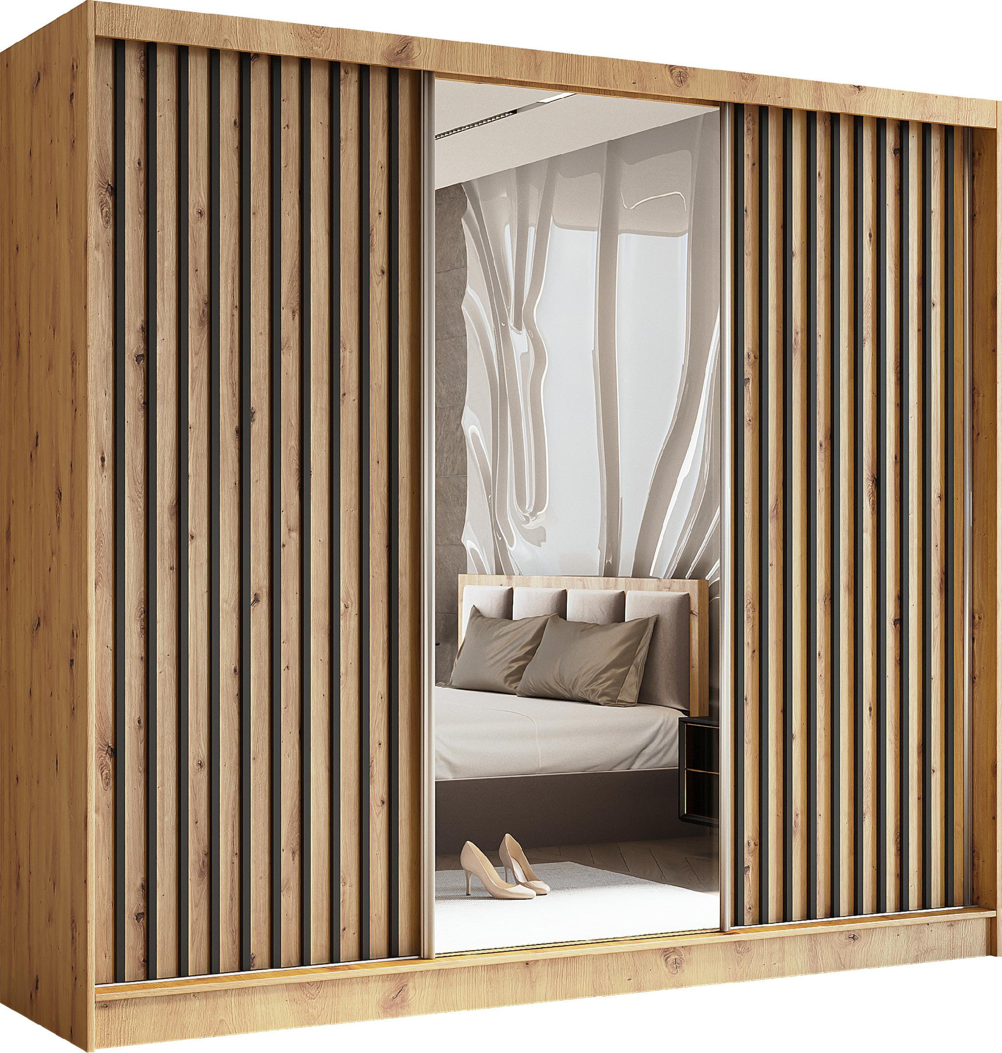 SCHWEBETÜRENSCHRANK Erika 240 cm mit Lamellen und Spiegel 3-türig, Artisan, Artisan, Lamelle schwarz - Schwarz/Eiche Artisan, Kunststoff (240/216/51cm) - Margaret Hadas24