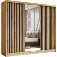 SCHWEBETÜRENSCHRANK Erika 240 cm mit Lamellen und Spiegel 3-türig, Artisan, Artisan, Lamelle schwarz - Schwarz/Eiche Artisan, Kunststoff (240/216/51cm) - Margaret Hadas24