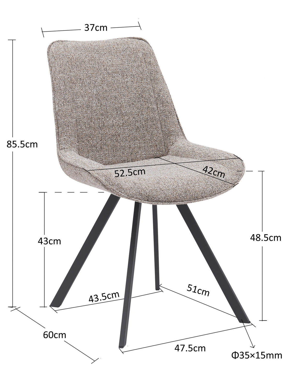 ESSZIMMERSTUHL 2er Set drehbar aus Stoff, beige - Beige/Schwarz, Textil/Metall (62/80/60cm) - Giga Meubel