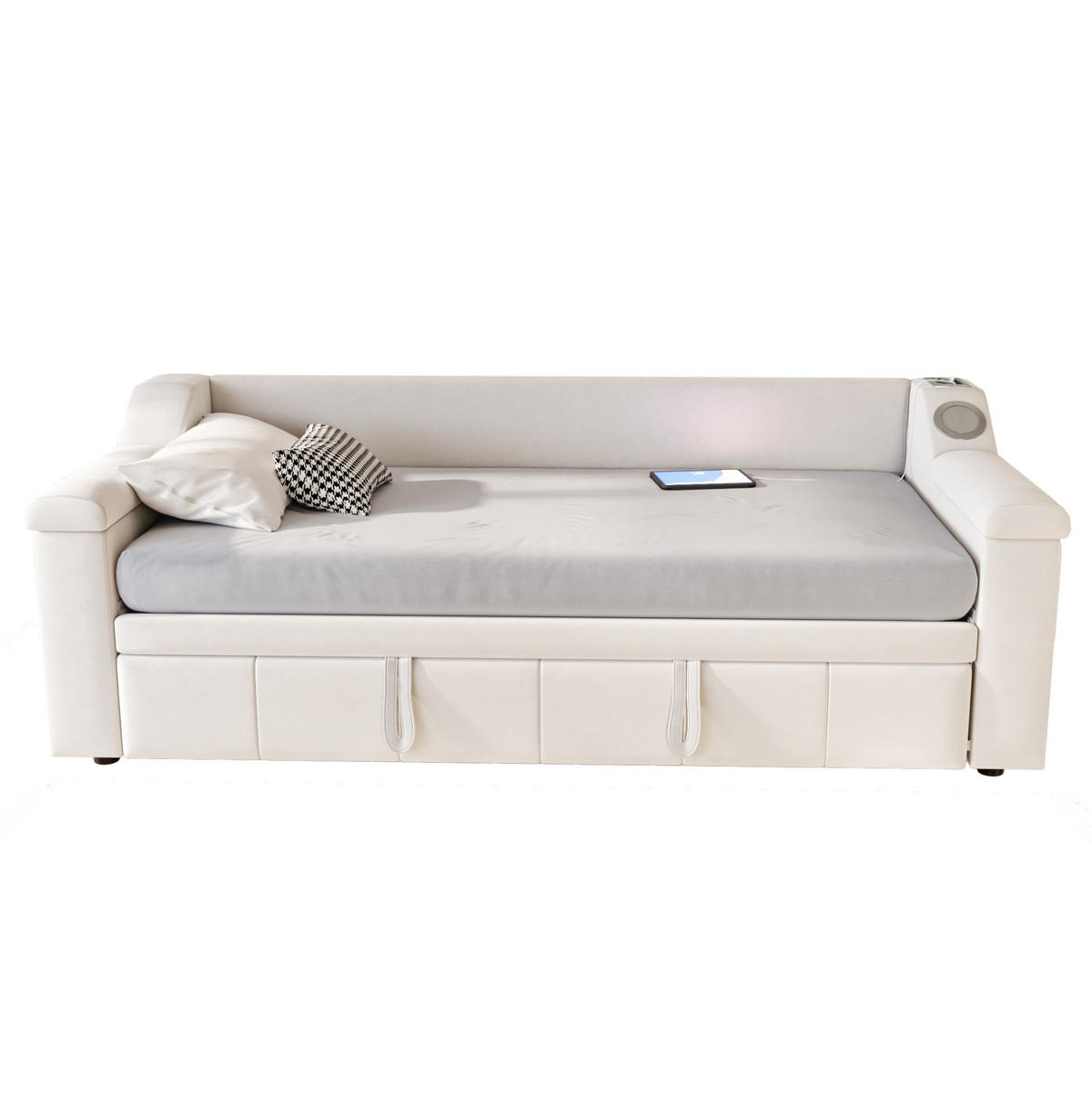 ČALÚNENÁ posteľ 90/180x190 cm s hydraulickým vysúvaním, Bluetooth stereo, USB a úložnými priehradkami, Béžová - béžová, textil (90/190cm) - Redom