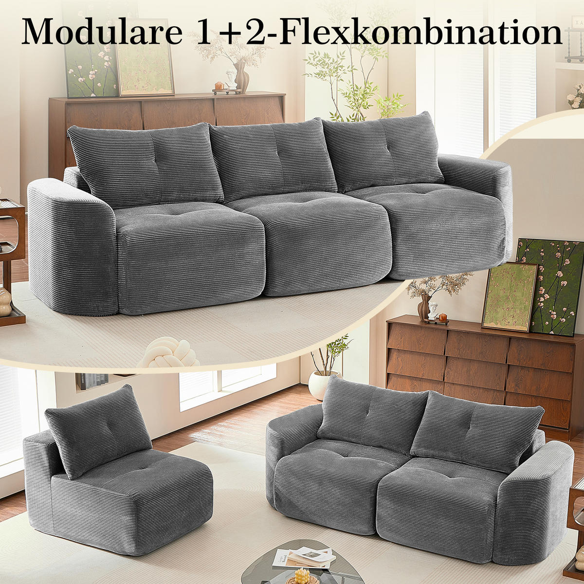 3-SITZER-SOFA 2+1 Wabi-Sabi Cord, DE-42909, Anthrazit - Grau, Textil (279/94/100cm) - ComfortXL