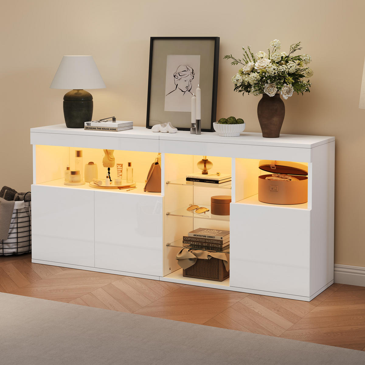 SIDEBOARD DE-37818 mit LED-Beleuchtung und 3 Türen Weiß - Weiß, Holzwerkstoff (155.5/72/35cm) - ComfortXL