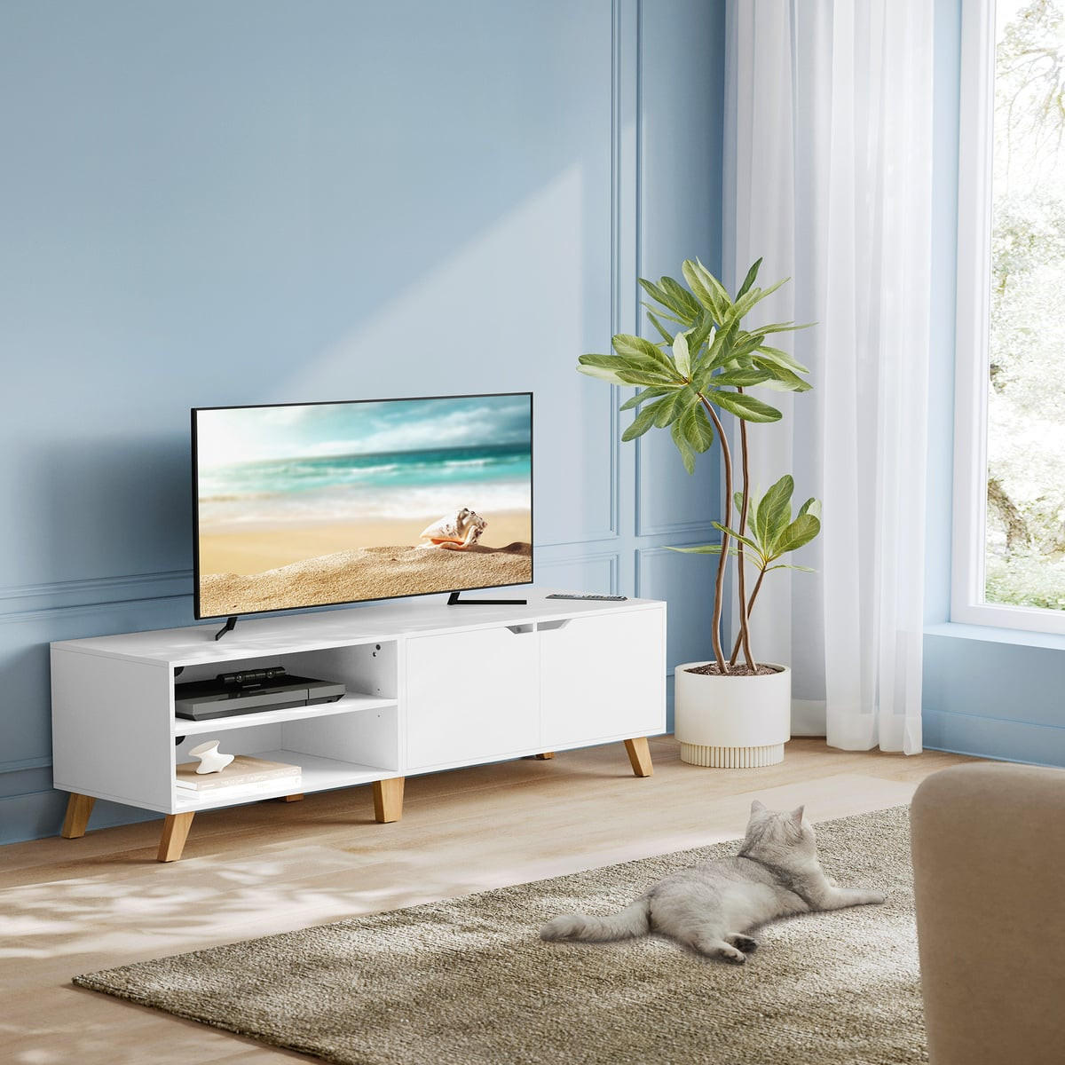 TV-MÖBEL 2 Fächer und 2 Türen weiß - L140 cm - Weiß, Holzwerkstoff (140/40/45cm) - Calicosy