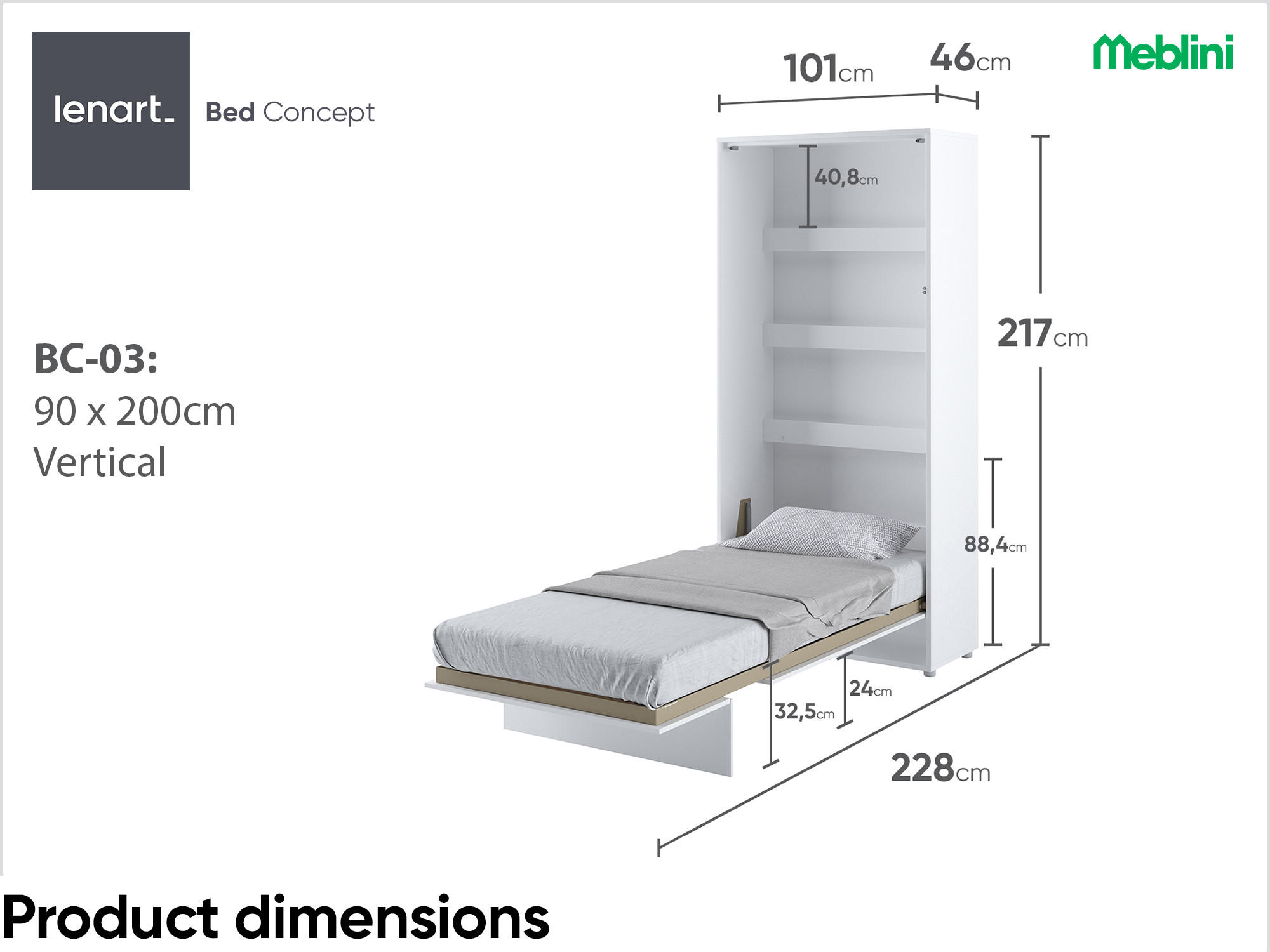 SCHRANKBETT BC-03 - 90x200cm Vertikal - Weiß Hochglanz/Weiß - Weiß Hochglanz, Holzwerkstoff (90/200cm) - Meblini