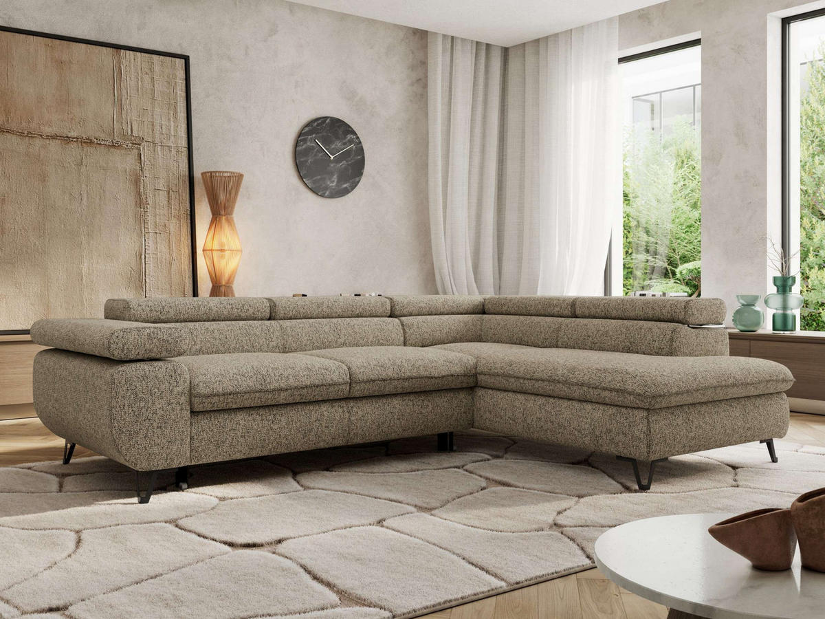 ECKSOFA PABLO L Dunkelbeige Struktur - Rechts Seite mit Visco Topper - Greige/Schwarz, Textil/Metall (273/208cm) - MKS