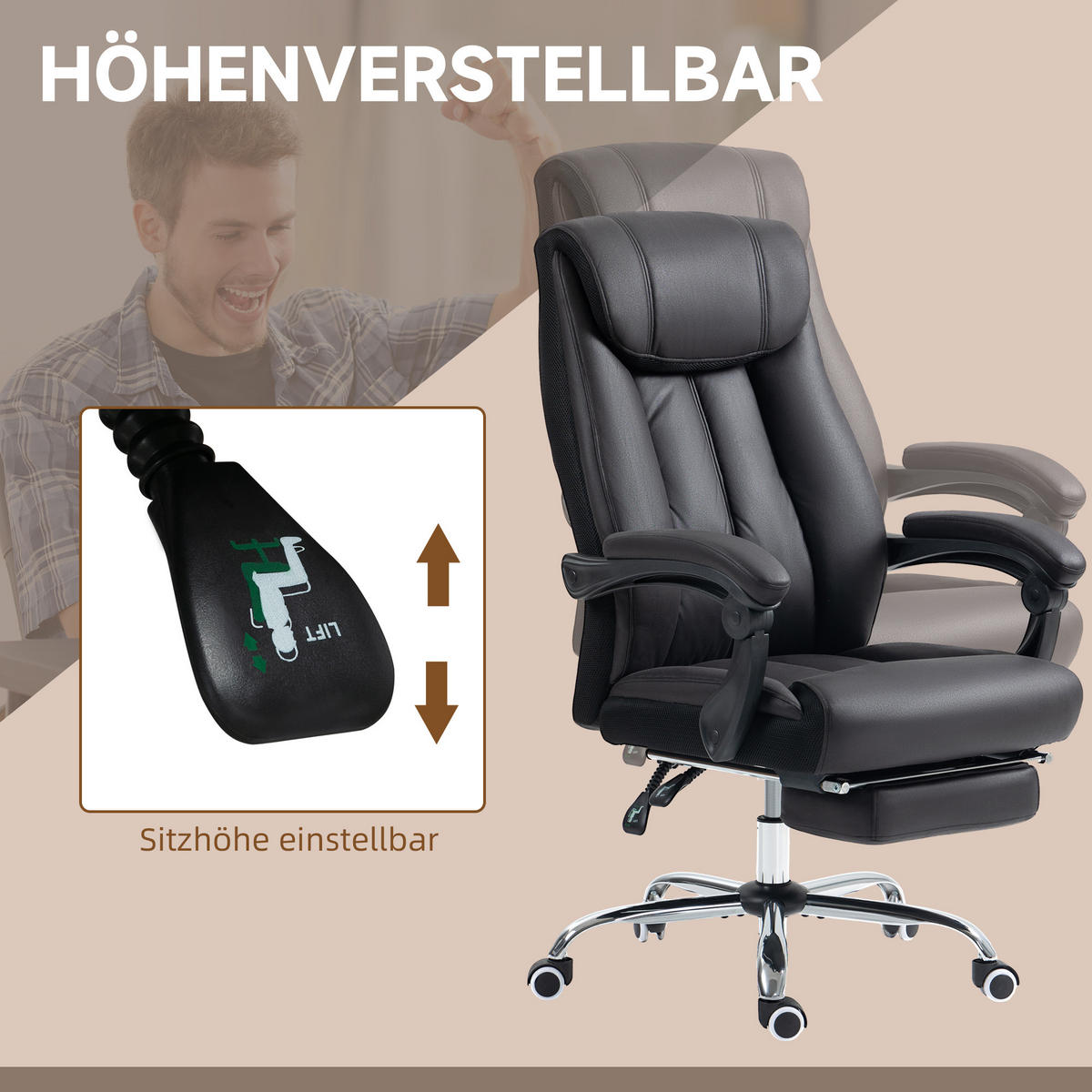 BÜROSTUHL höhenverstellbarer Computerstuhl neigebarer Drehstuhl für Büro Schwarz - Schwarz, Textil (70/119/66cm) - HOMCOM