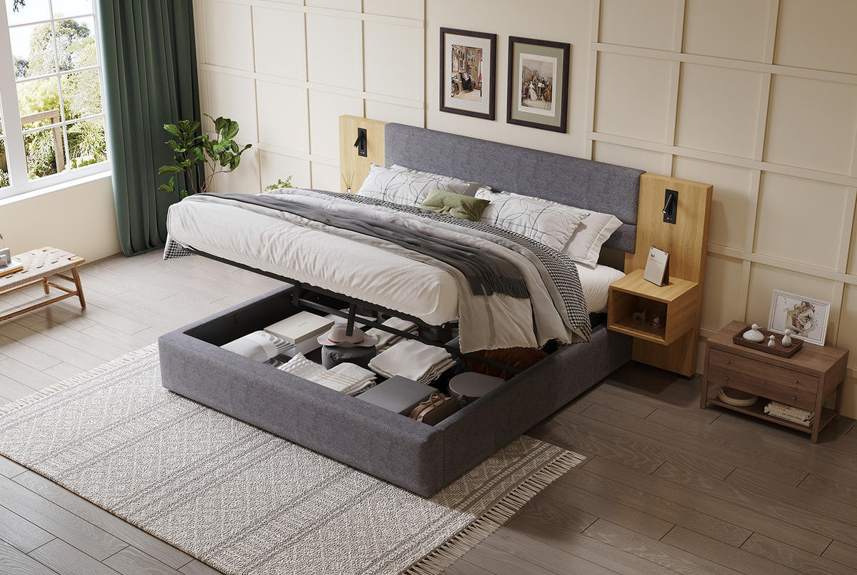 POLSTERBETT 180/200 cm Grau/Natur aus Samt mit Stauraum - Grau, Textil (180/200cm) - OKMYHOME
