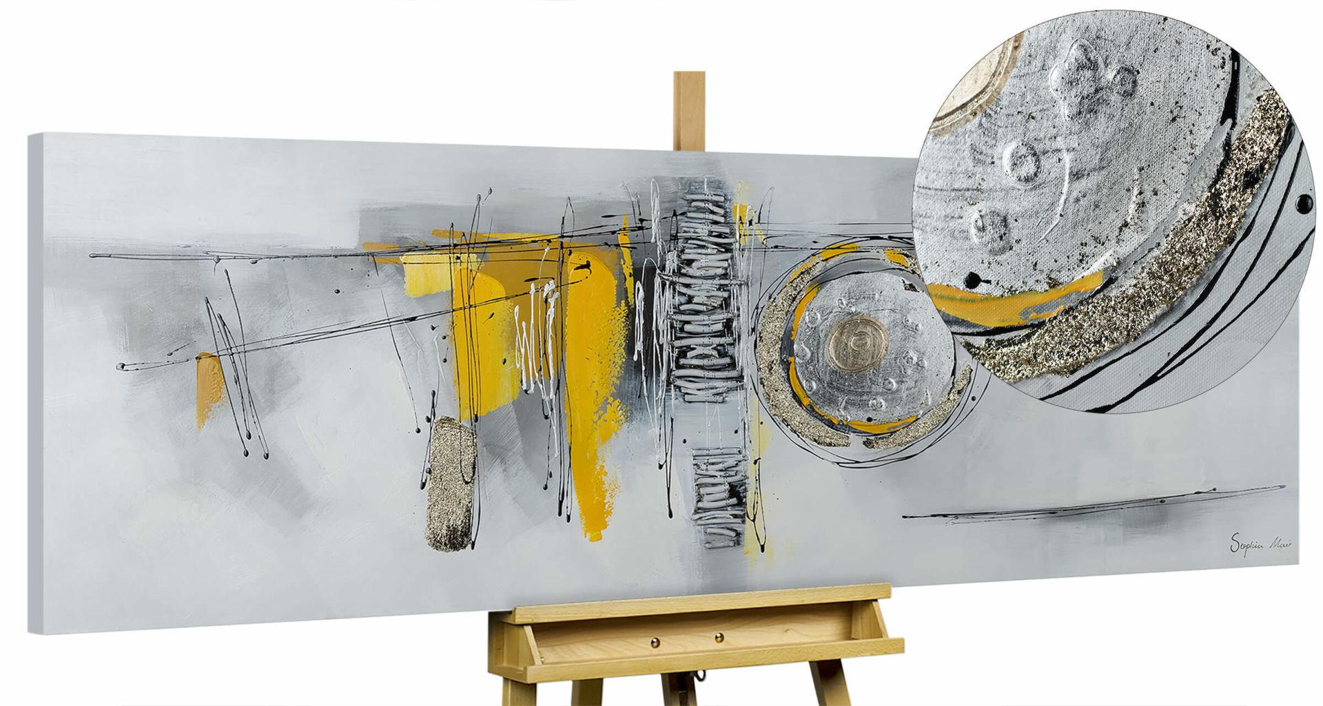 ACRYLBILD HANDGEMALT 150/50 cm - Gelb/Silberfarben, Holz/Textil (150/50cm) - KUNSTLOFT