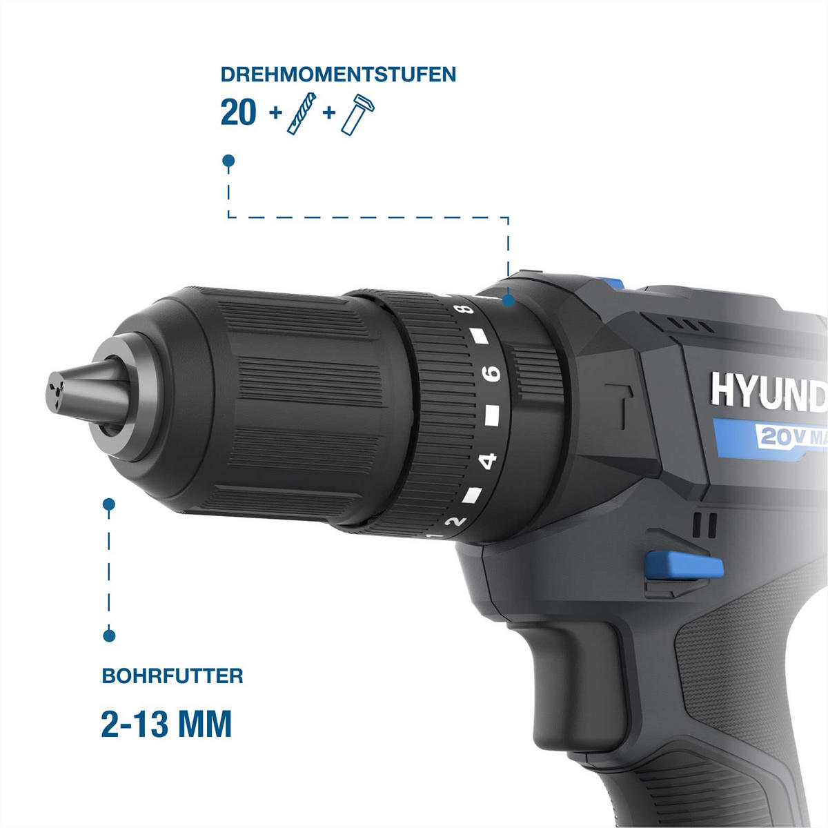 AKKU-SCHLAGBOHRSCHRAUBER 20V, 50 Nm – Set inkl. Akku, Ladegerät & 75-teiligem Zubehör - Blau, Kunststoff (39/30/13cm) - HYUNDAI