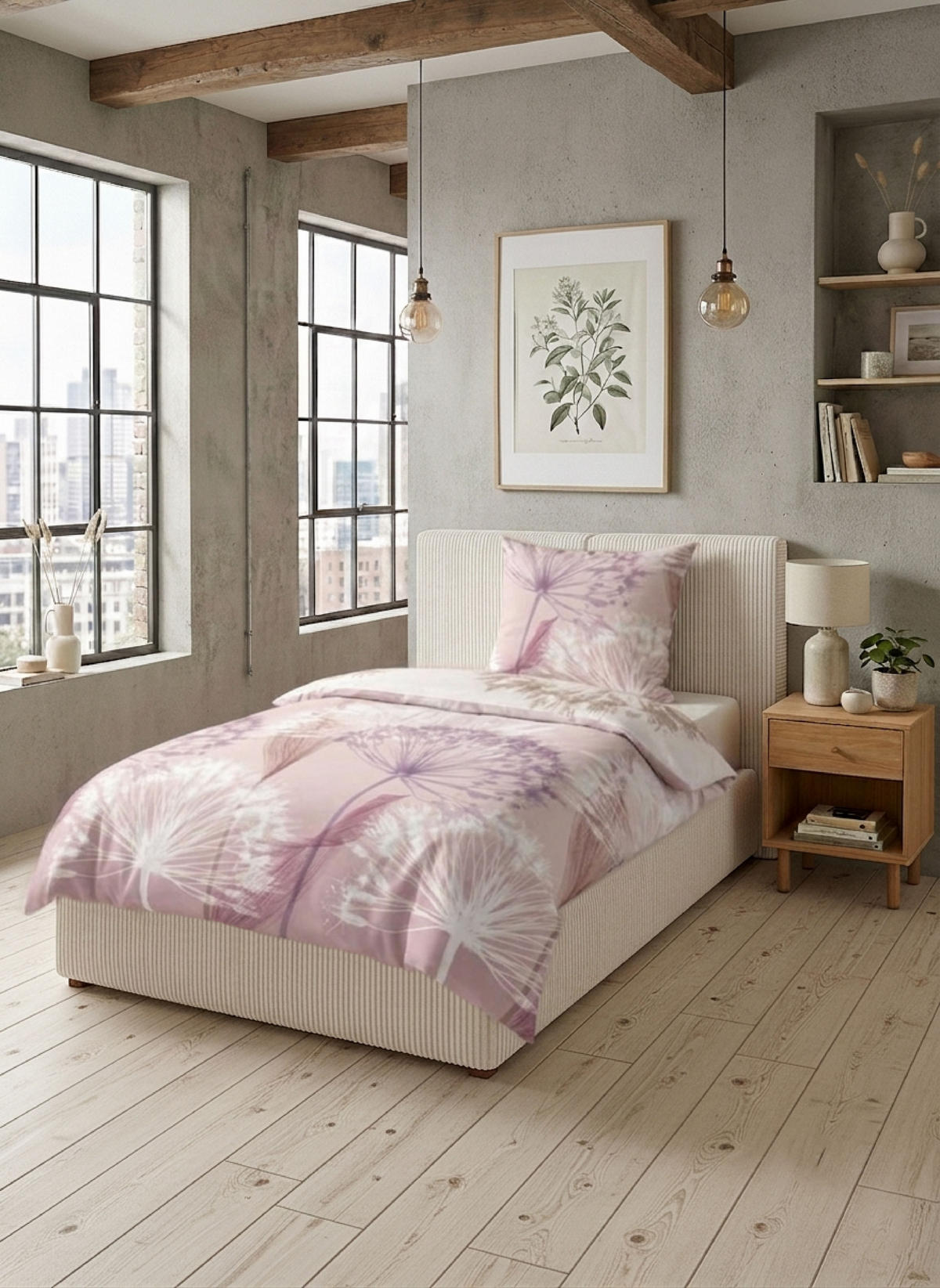 BETTWÄSCHE-GARNITUR Satin Pusteblume rose, 155x200 cm + 80x80 cm - Rosa, Textil (155/200cm) - biberna