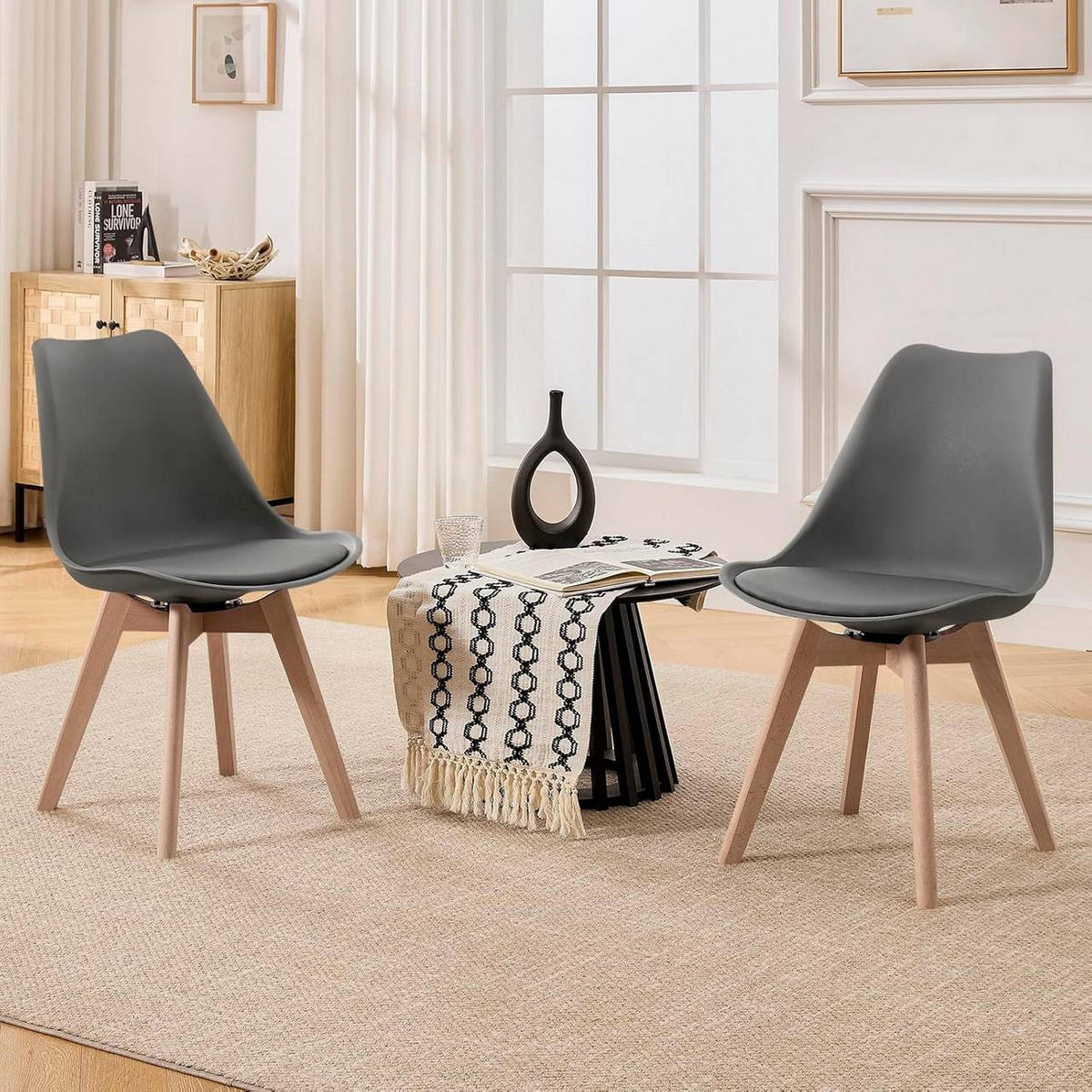 STUHL 4er Set, drehbar, Kunstleder, Massivholz, Grau - Buchefarben/Grau, Holz/Kunststoff (48/83/58.5cm) - Woltu