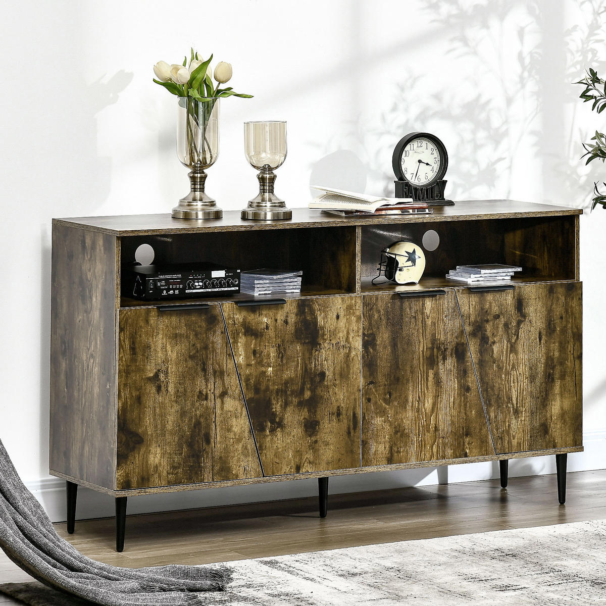 KOMMODE, Spanplatte, Rustikales Braun+Schwarz - Braun, Kunststoff (40/83/147cm) - HOMCOM