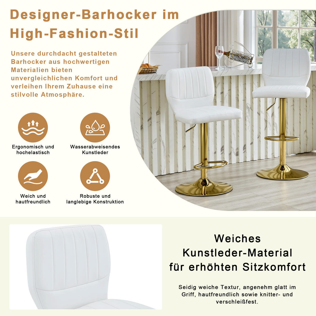 BARSTOL 2-PACK i Konstläder i Vitt och Guld, höj- och sänkbar samt 360° snurrbar - Vit, Läder (52/62/45cm) - Urban Meuble