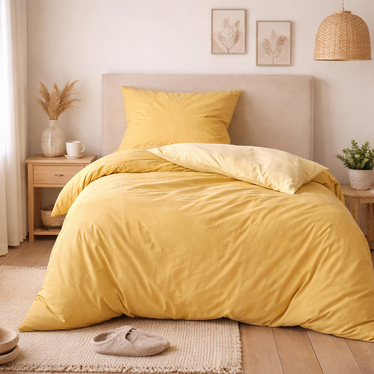 BETTWÄSCHE Byrklund 2-teilig 135x200/80x80cm Side Way Ocher-Yellow/White - Beige/Weiß, Naturmaterialien (135/200cm)