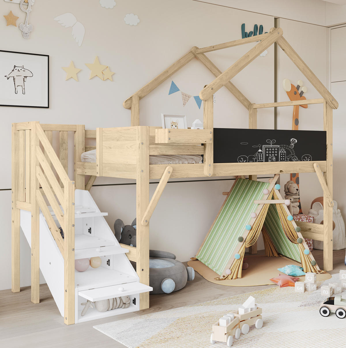 ETAGENBETT 90/200 cm mit Kreidetafel, Stauraumtreppe und Dachrahmen aus Holz, Weiß/Natur - Weiß, Holzwerkstoff (90/200cm) - Redom