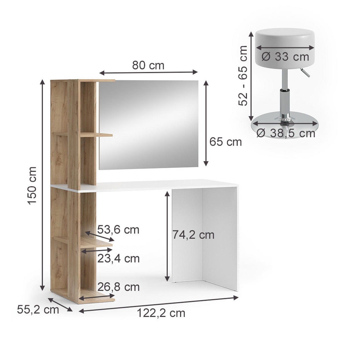 SCHMINKTISCH Tower Weiß/Sonoma 122.2 cm mit Hocker - Weiß/Sonoma Eiche, Holzwerkstoff (122.2/75.8/55.2cm) - Vicco