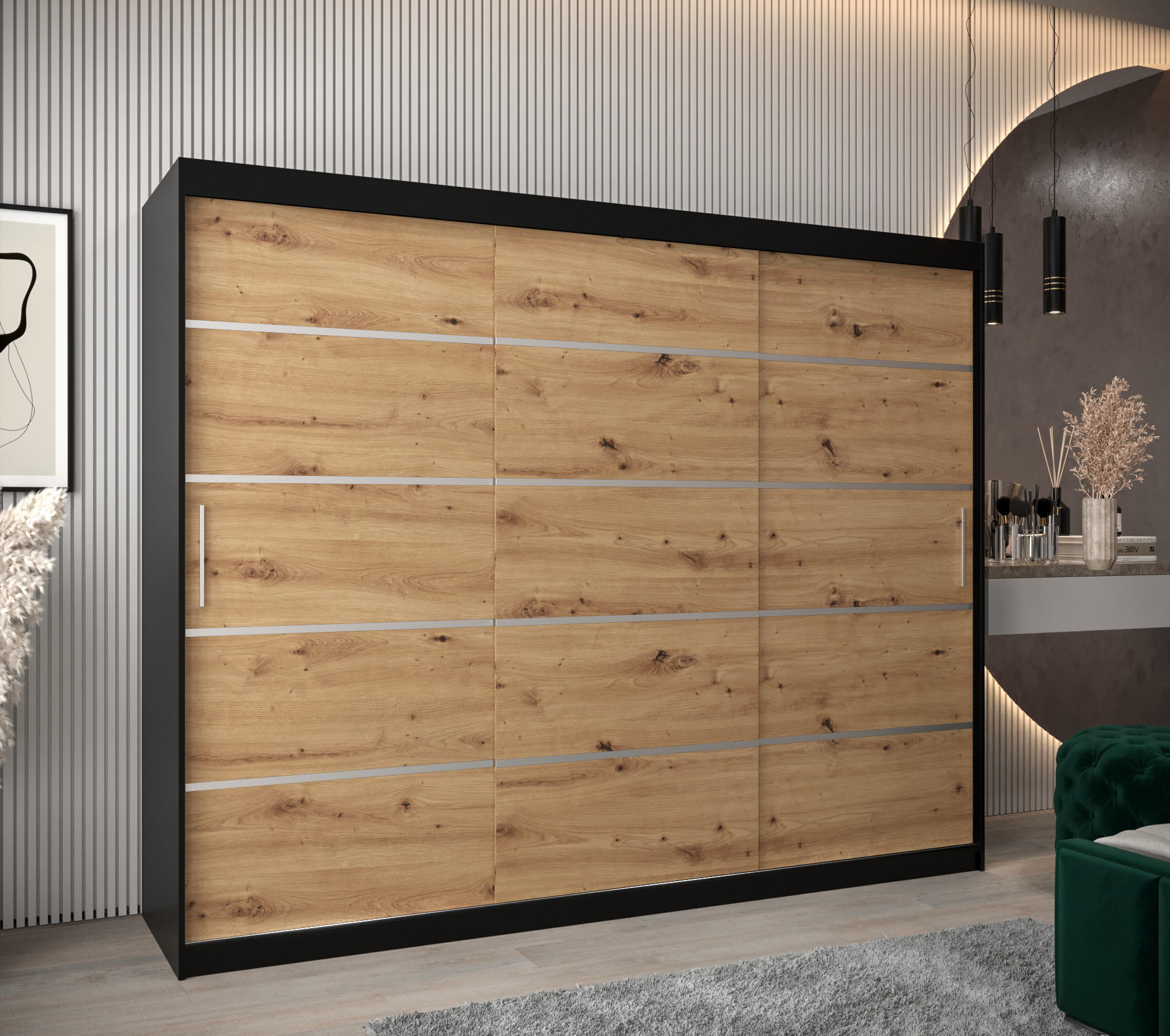 SCHWEBETÜRENSCHRANK 200/250/62 3-türig - Silberfarben/Schwarz, Holz/Kunststoff (250/200/62cm) - MÖBEL KRYSPOL