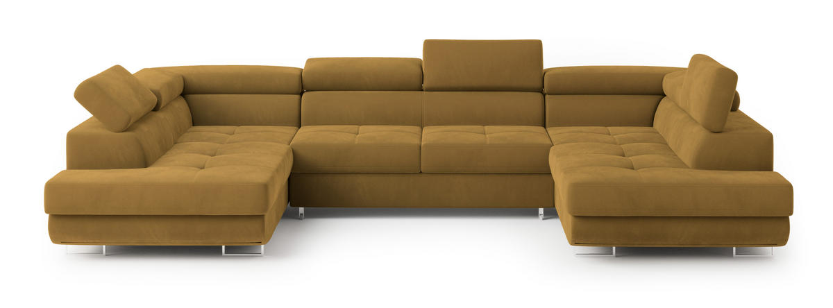 WOHNLANDSCHAFT RAGGIO Gelb Velours-Stoff mit Schlaffunktion - Gelb, Holz (336/90/202cm) - MASSENO