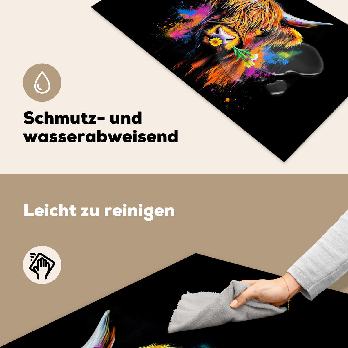 HERDABDECKPLATTE Schottischer Highlander - Graffiti - Bunt - Blume - Tiere Ceranfeldabdeckung 90x52 cm - Multicolor, Kunststoff (90/52/0.2cm) - MuchoWow