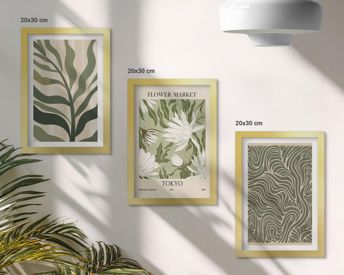 BILDER SET 3er Set - 20x30 cm Goldrahmen - Pflanzenmuster, Boho-Dekorationen - Goldfarben, Kunststoff (20/30cm) - TULUP