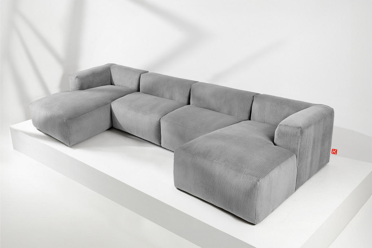 PANORAMA-ECKSOFA BUFFO 7/8 Sitzer mit extrem weicher Sitzfläche, Kordstoff, hellgrau - Hellgrau, Textil (424/73/180cm) - KONSIMO®