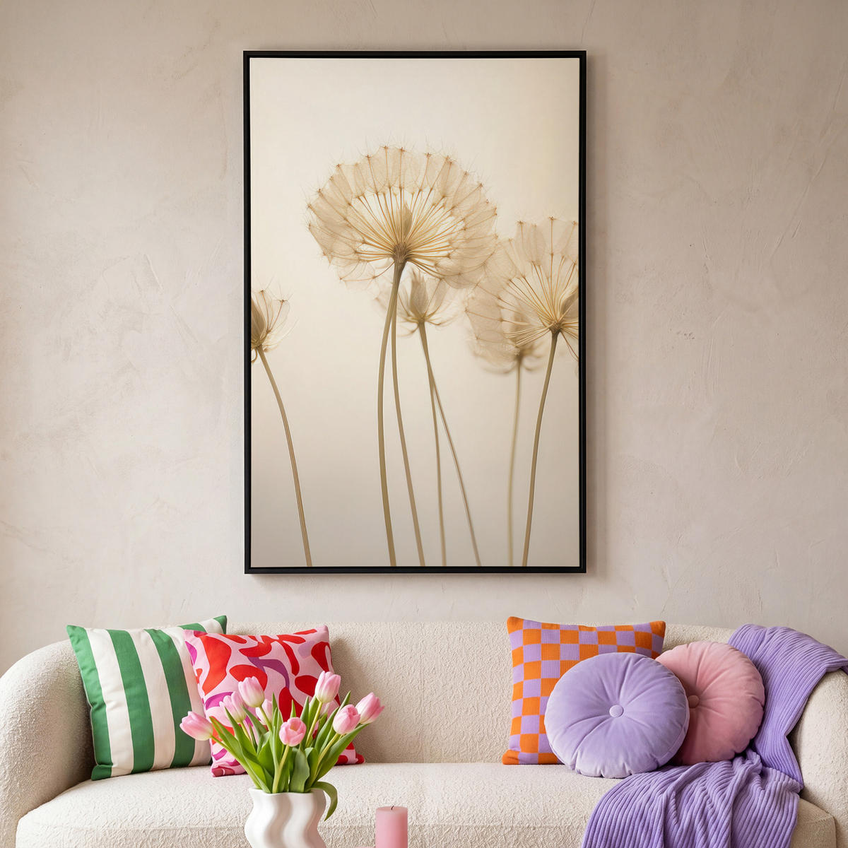LEINWAND Bilder mit Rahmen - Sonnenlicht - Löwenzahn - Botanisch - Blumen - 100x150 - Creme, Textil (100/150cm) - MuchoWow