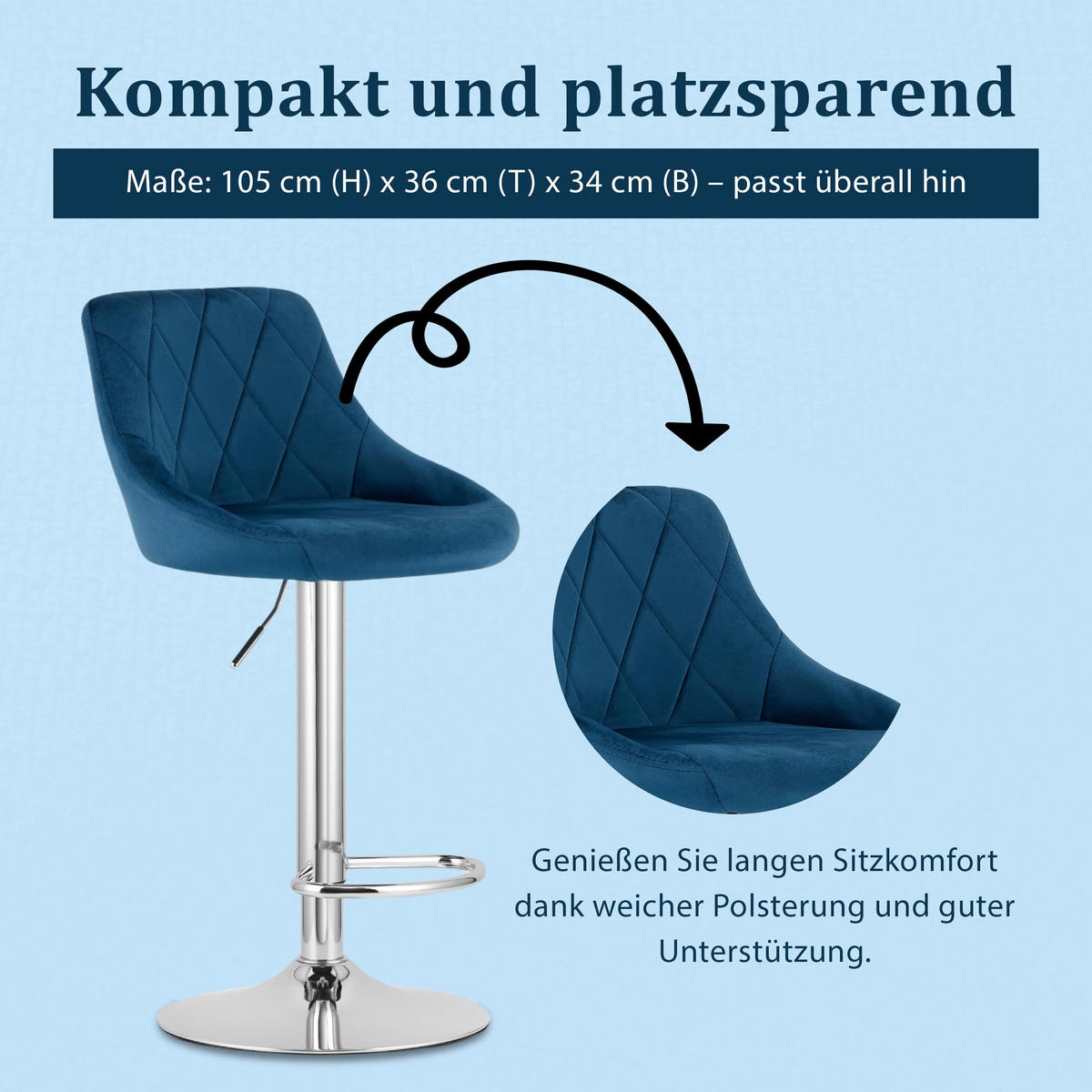 BARHOCKER, drehbar, HÖHENVERSTELLBAR, Velours, in Marineblau, Modernes Design - Blau, Textil (46/107/51cm) - Best For Home