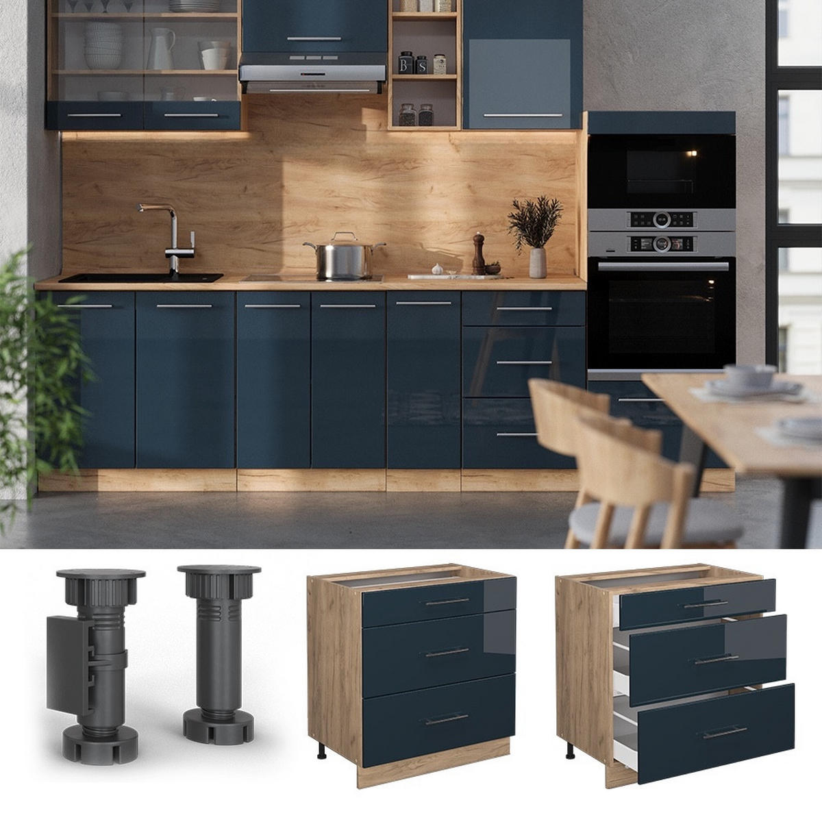 KÜCHENUNTERSCHRANK Fame-Line Dunkelblau Hochglanz 80 cm mit 3 Schubladen, AP Anthrazit - Honigeiche/Dunkelblau, Holzwerkstoff (80/82/60cm) - Vicco
