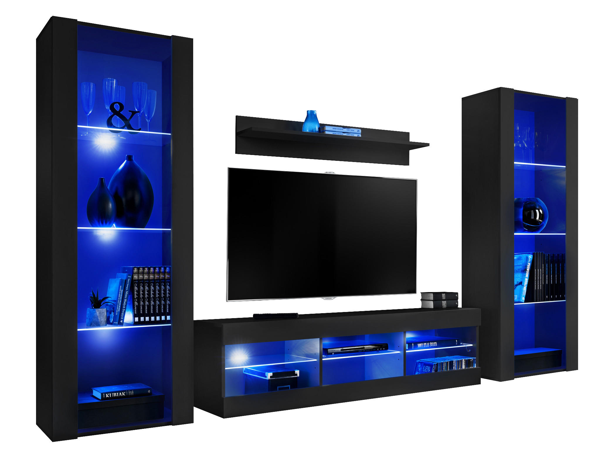 WOHNZIMMERSET TIVOLI GRANDE, 4er-Set, Schwarz, LED Blau - Schwarz, Glas/Holzwerkstoff (250/159/35cm) - Komodee
