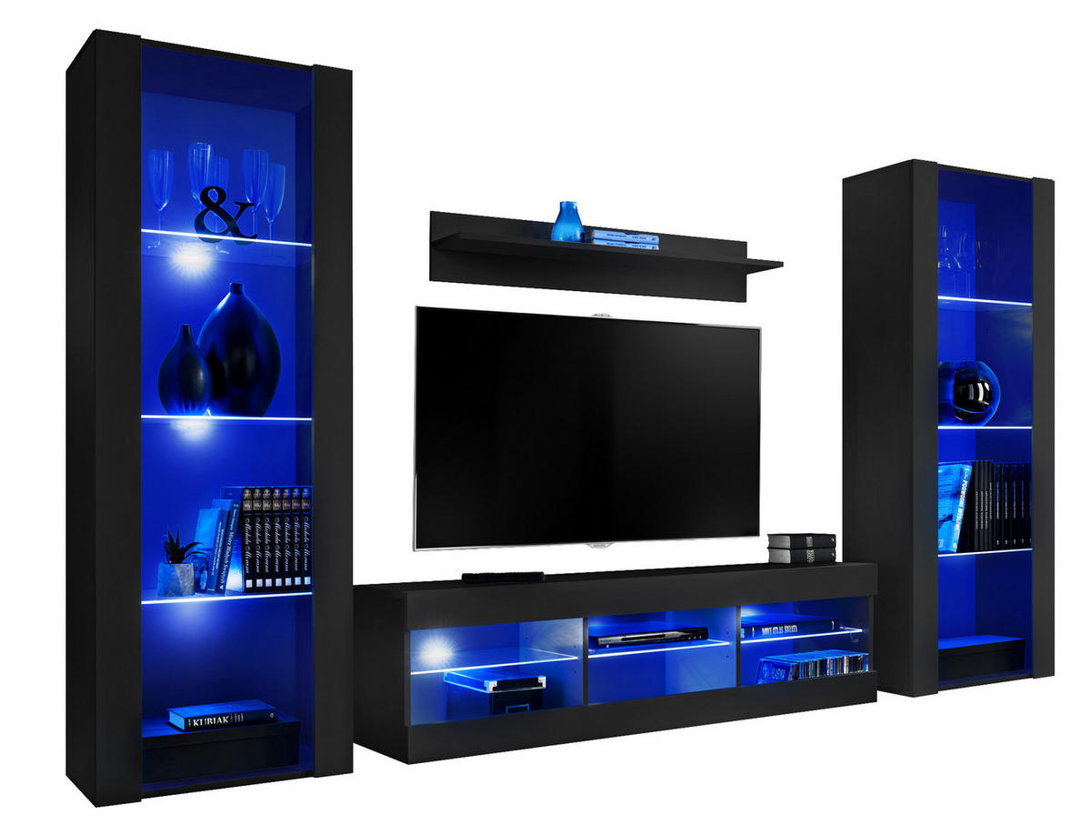 WOHNZIMMERSET TIVOLI GRANDE, 4er-Set, Schwarz, LED Blau - Schwarz, Glas/Holzwerkstoff (250/159/35cm) - Komodee