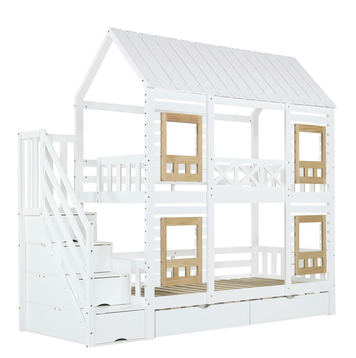 ETAGENBETT 90/200 cm mit Stauraumtreppe, Fenstern und 2 Schubladen, Weiß/Natur - Weiß, Holz (90/200cm) - Redom