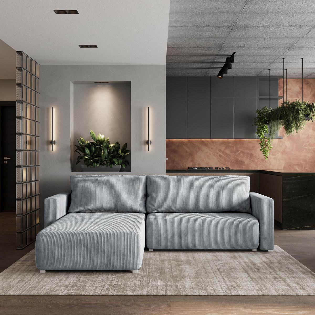 ROHOVÁ SEDAČKA TURIN světle šedá - šedá/světle šedá, dřevo/textil (265/183cm) - MASSENO