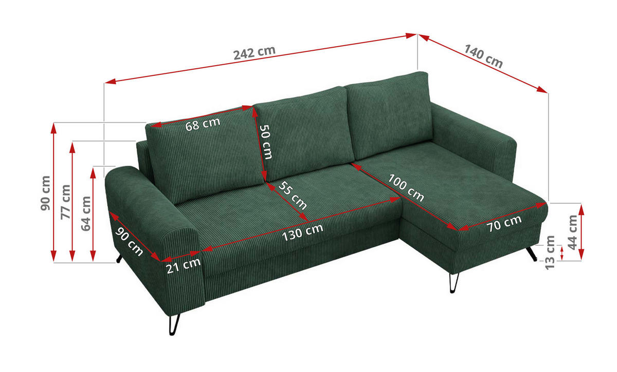 ECKSOFA Hugo Cord Grün - Schwarz/Grün, Textil/Metall (242/140cm) - MKS