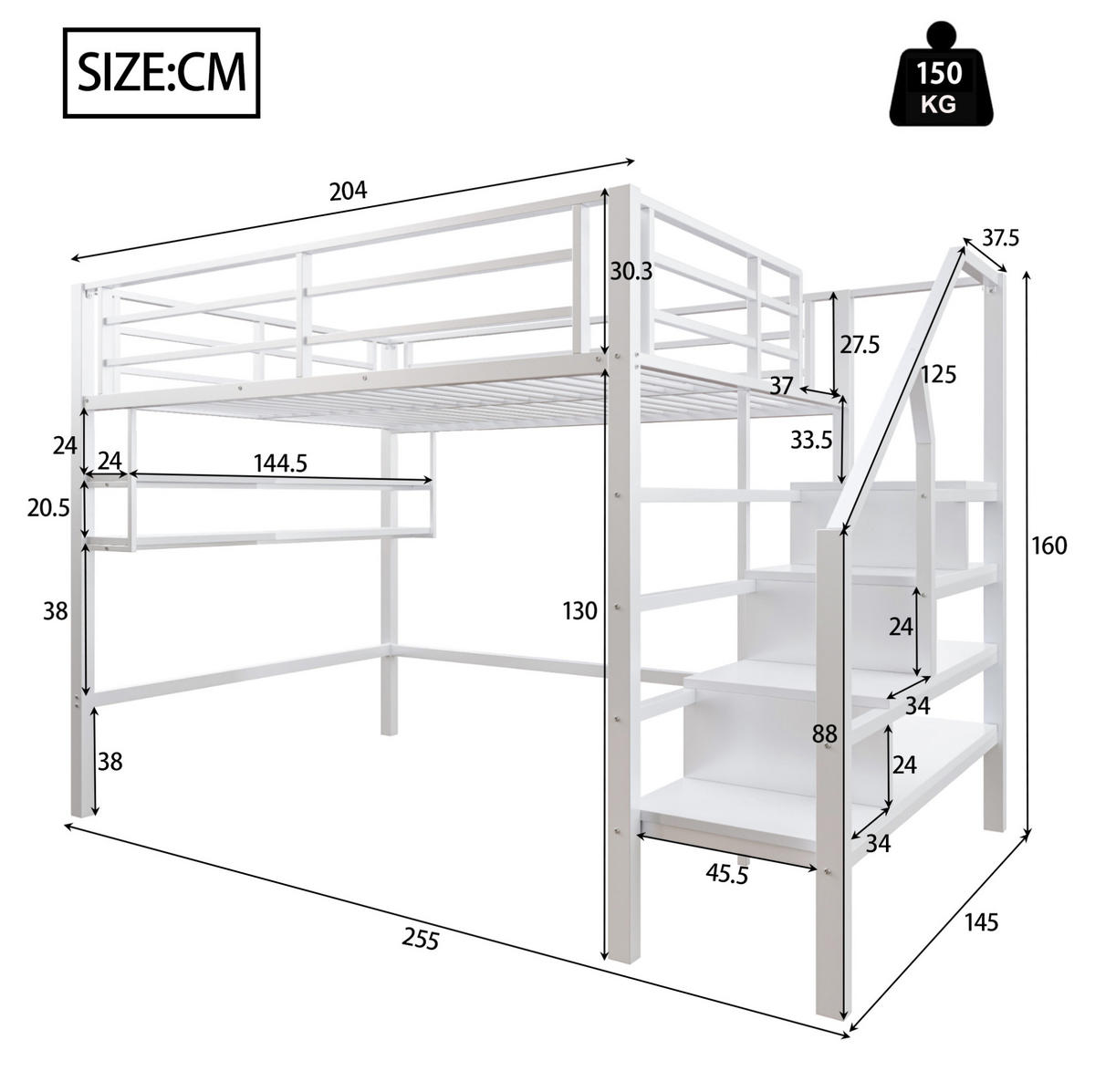 HOCHBETT 140/200 cm Weiß aus Metall mit Stauraumleiter - Weiß, Metall (140/200cm) - OKMYHOME