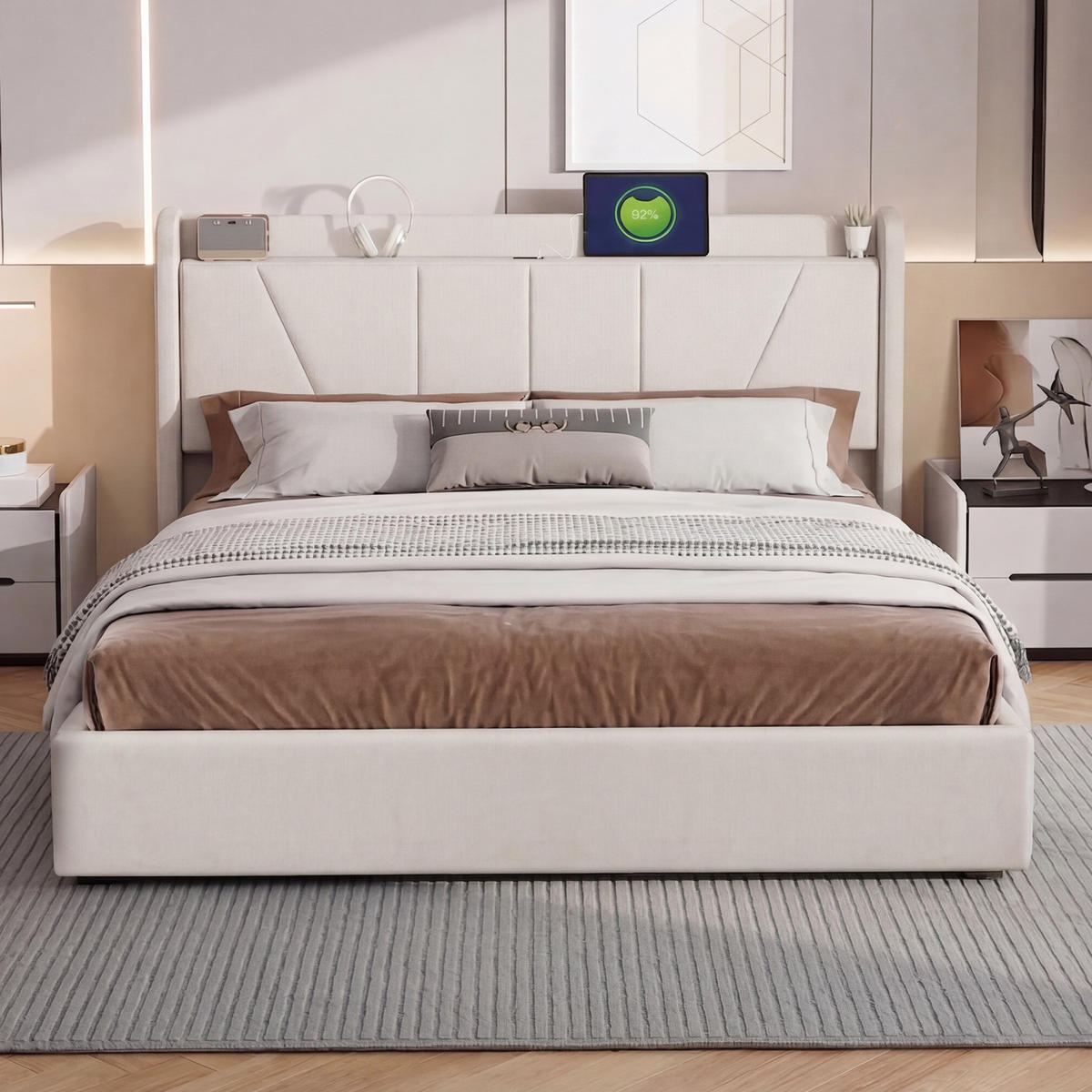 POLSTERBETT 140/200 cm, mit hydraulischem Stauraum, USB A/C-Ladefunktion, Lattenrost, Beige - Beige, Textil (140/200cm) - Waldena