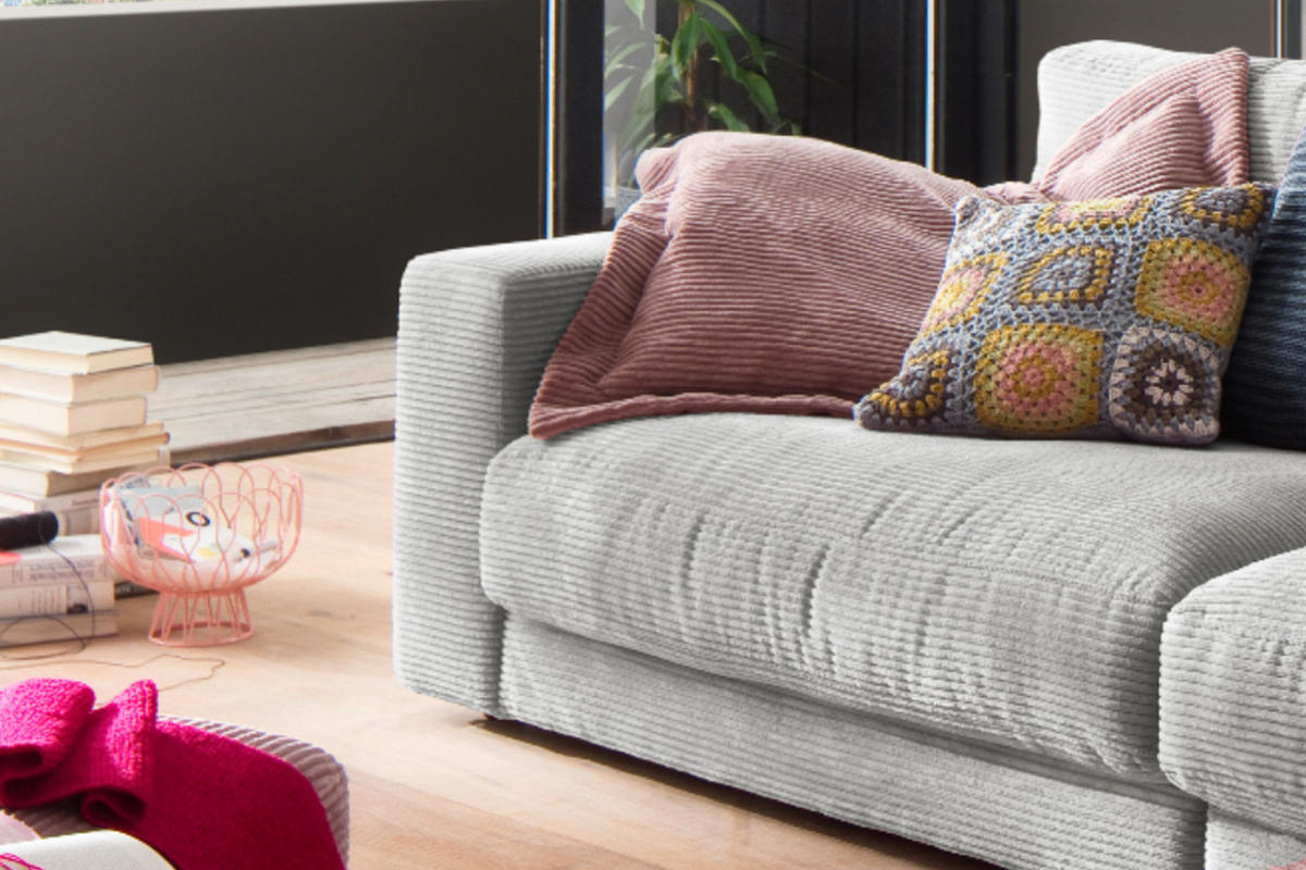 SOFA 3-SITZER MADELINE Hellgrau Cord - Hellgrau/Schwarz, Textil (290/85/127cm) - KAWOLA