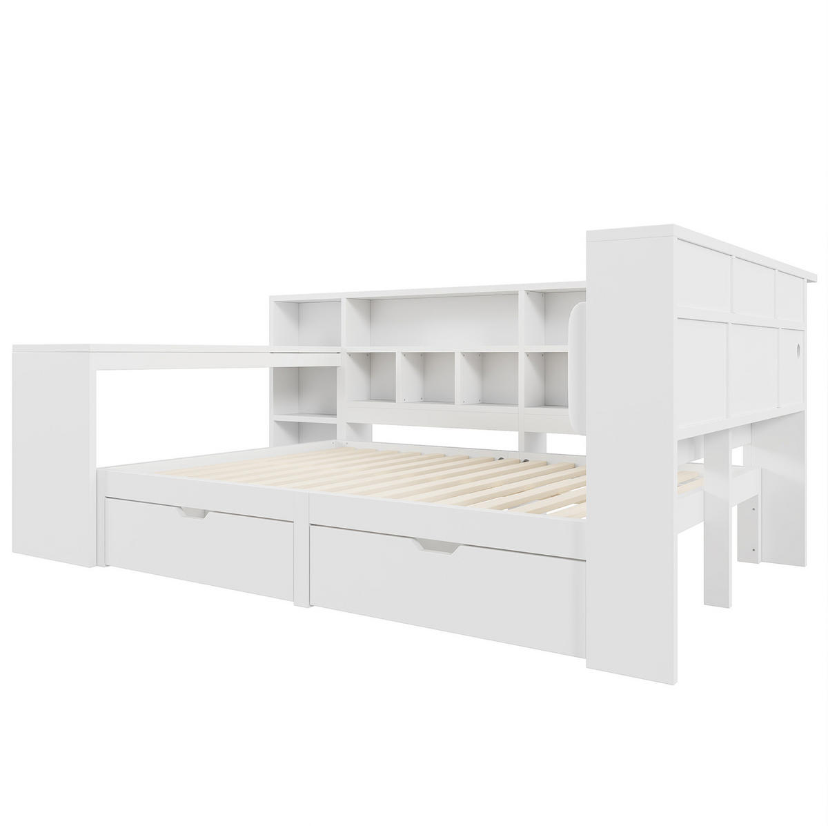 POSTEĽ 140/200 cm biela z MDF a preglejky s písacím stolom, knižnicou, zásuvkami a LED čelom - biela, kompozitné drevo (140/200cm) - OKWISH