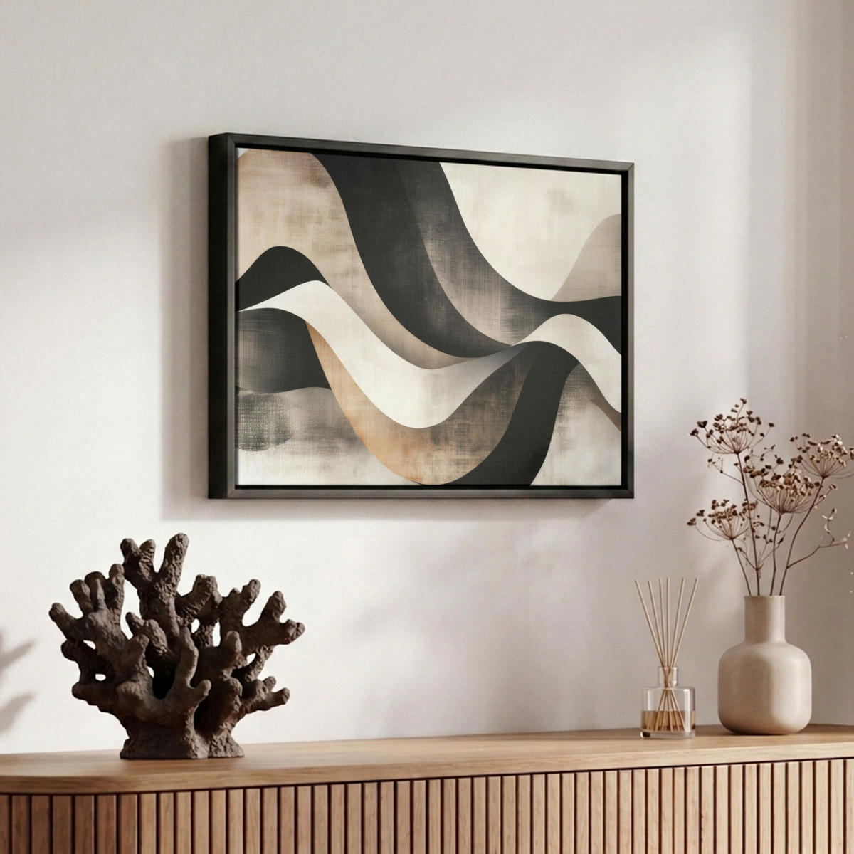 LEINWAND Bilder mit Rahmen - Abstrakt - Wellen - Schwarz - Verwittert - 30x20 - Trüffeleichefarben, Textil (30/20cm) - MuchoWow