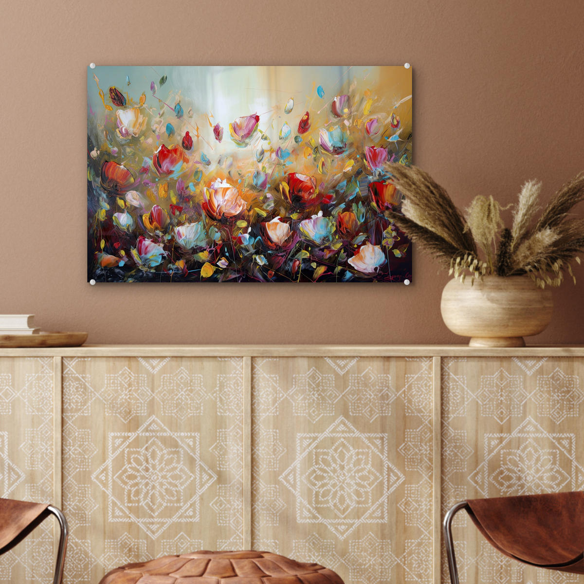 ACRYLGLASBILD Blumen - Kunst - Natur - Ölgemälde 60x40 cm - Multicolor, Glas (60/40cm) - MuchoWow