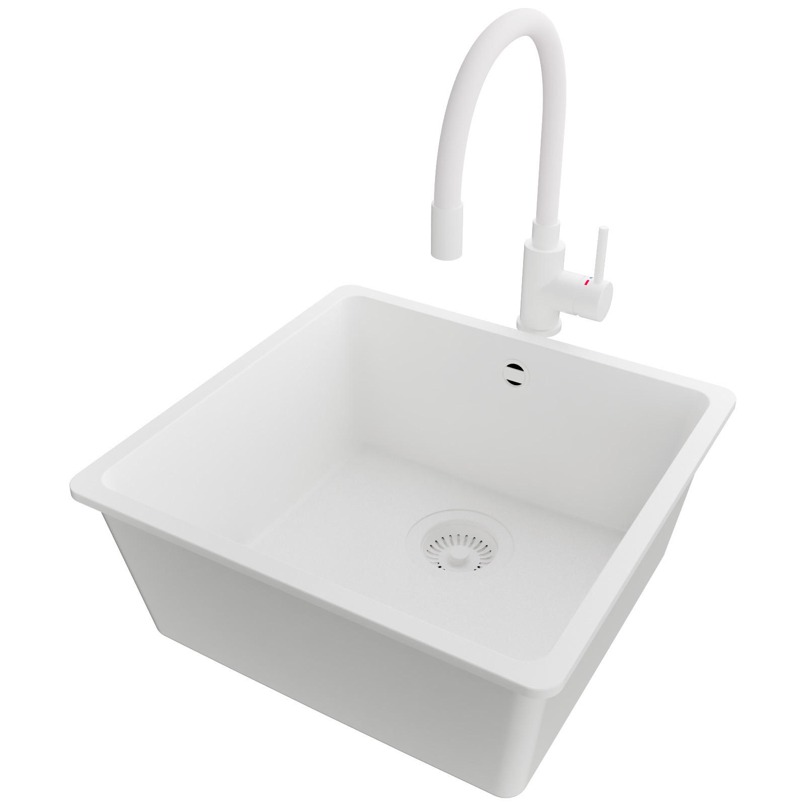 UNTERBAUSPÜLE GRANIT Venedig Easy, 2-er set Alles Weiß 46/44 cm 1 Becken + Küchenarmatur 38/14 cm + Ablauf-Set ab 50er Unterschrank - Weiß, Kunststoff (46/20/44cm) - Primagran