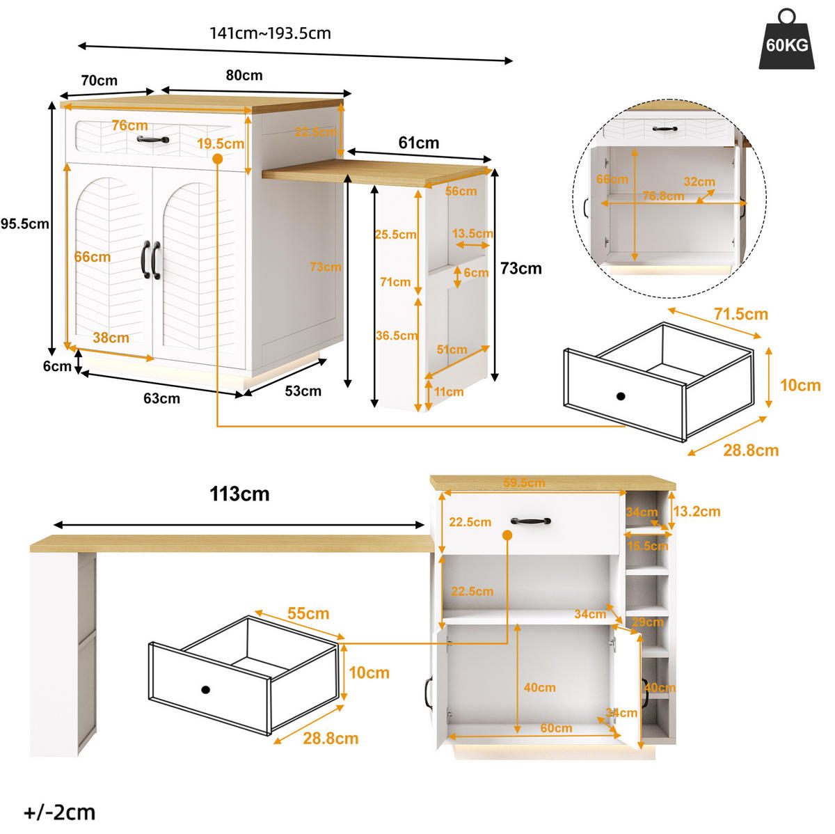 KÜCHENINSEL 80/95,5/70 cm Weiß aus MDF und Metall mit Ausziehtisch - Weiß, Holzwerkstoff (70/95.5/80cm) - OKMYHOME