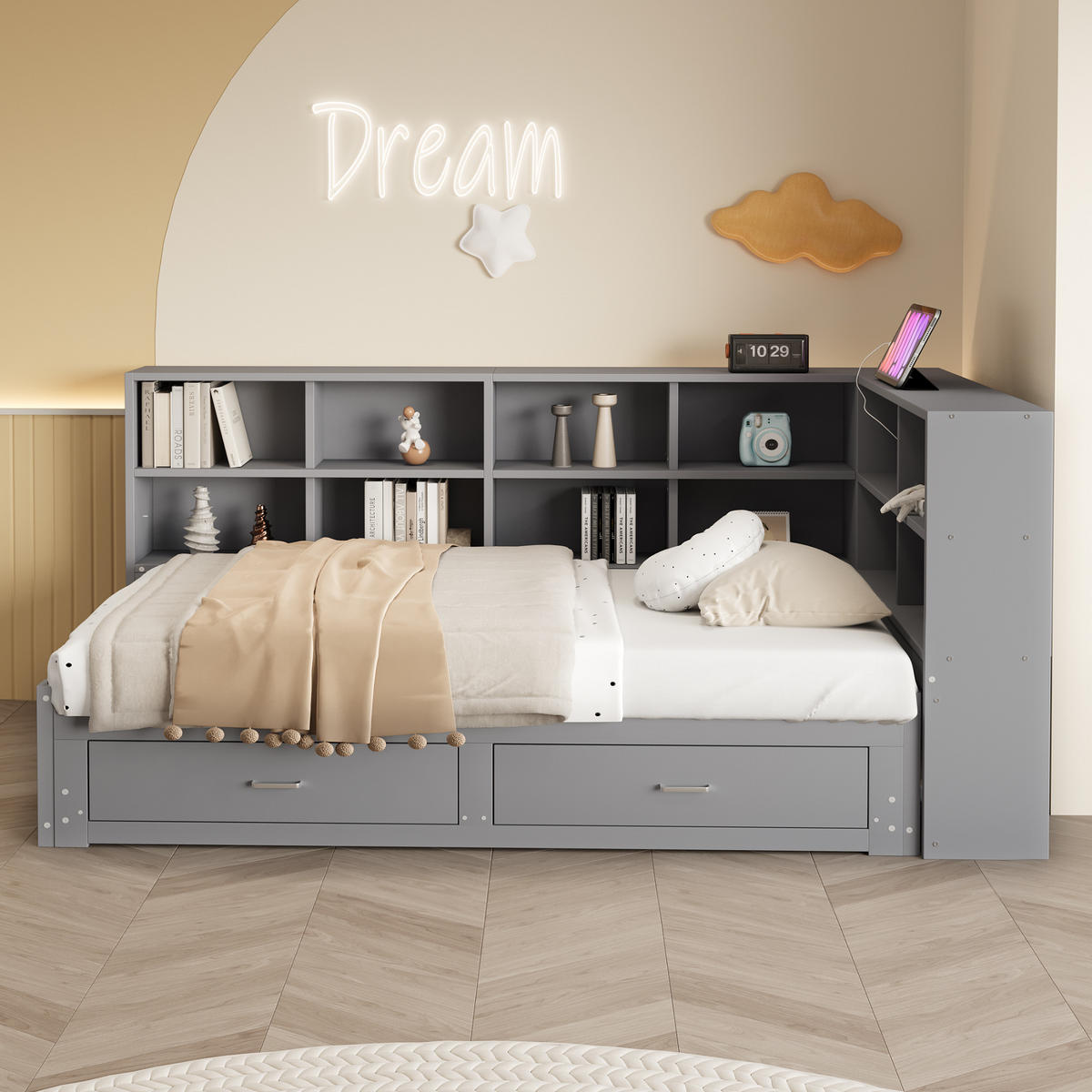 MULTIFUNKTIONSBETT 90/190 cm grau aus Holz mit Stauraum und Steckdose - Grau, Holzwerkstoff (90/190cm) - OKWISH
