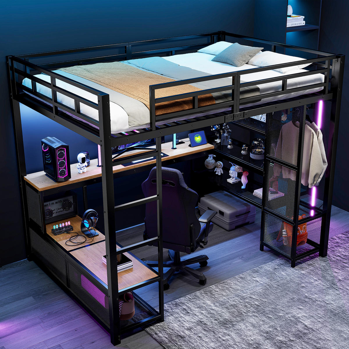 HOCHBETT 140/200 cm in Schwarz mit Schreibtisch, Regal und LED - Schwarz, Holzwerkstoff/Metall (140/200cm) - WISHDOR