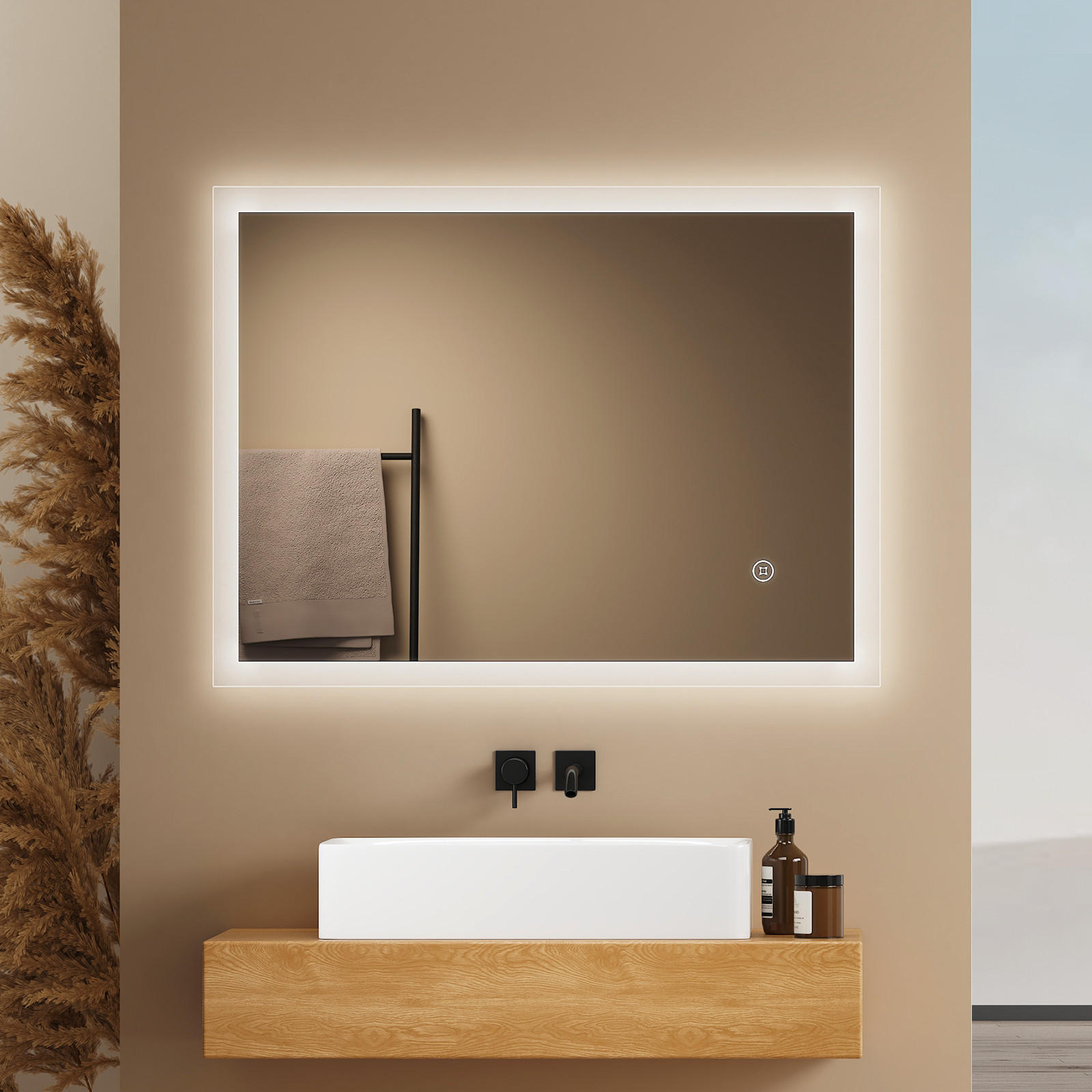 BADSPIEGEL mit Touch-Schalter Beleuchtung 80/60/3,5 cm - Weiß, Glas (60/3.5/80cm) - EMKE