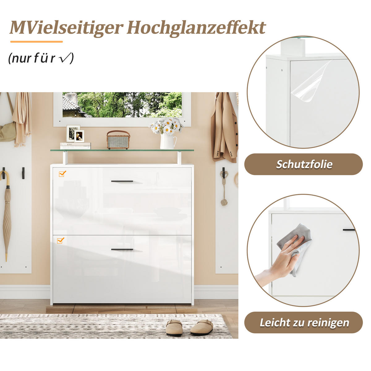 KOMPAKTGARDEROBE Spiegel Hochglanz Schuhschrank 8 Haken - Weiß, Holzwerkstoff (89.5/96.5/23cm) - FLIEKS