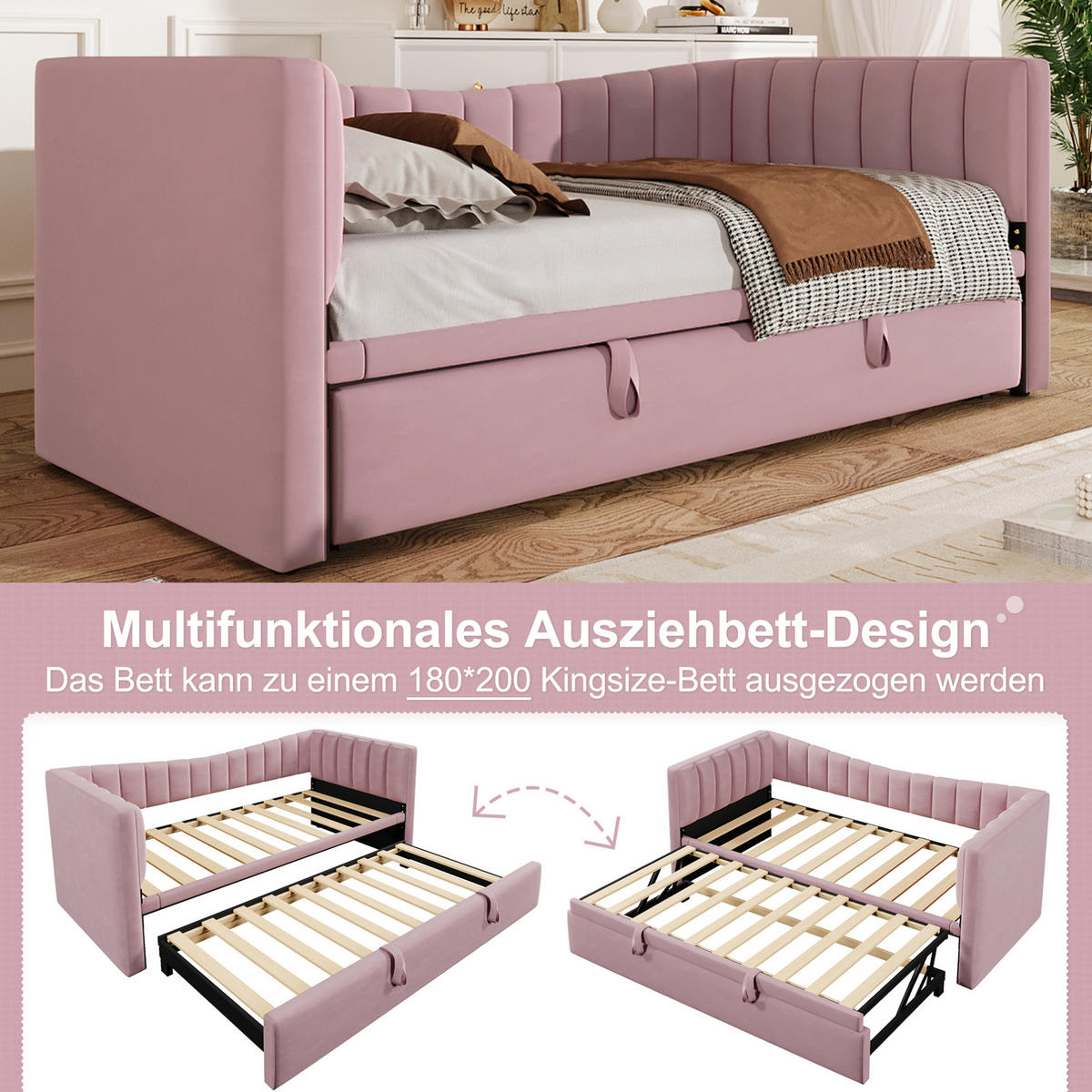 ČALÚNENÁ posteľ 90/200 cm ružová s výsuvným lôžkom zo zamatu a MDF - ružová, textil (180/200cm) - OKWISH