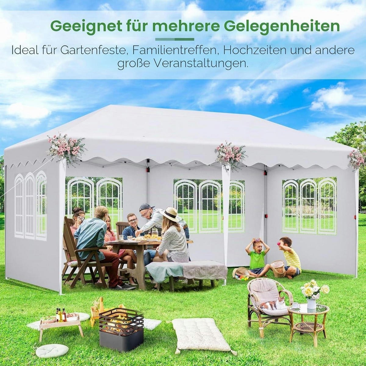 PAVILLON 3x6 m Wasserdicht Höhenverstellbar mit 6 Seitenteilen Weiß - Weiß, Textil (300/270/600cm)