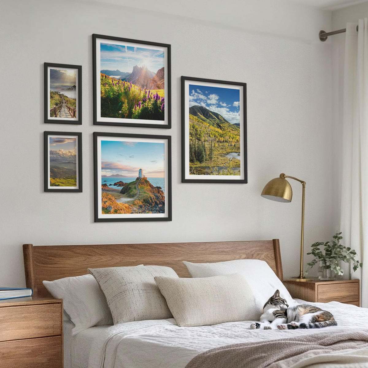 WANDBILDER 5er-Set - 50x50 cm & 20x30 cm & 40x60 cm Schwarzer Rahmen - Berglandschaften Wasserfall - Schwarz, Kunststoff (40/60cm) - ArtPrintCave
